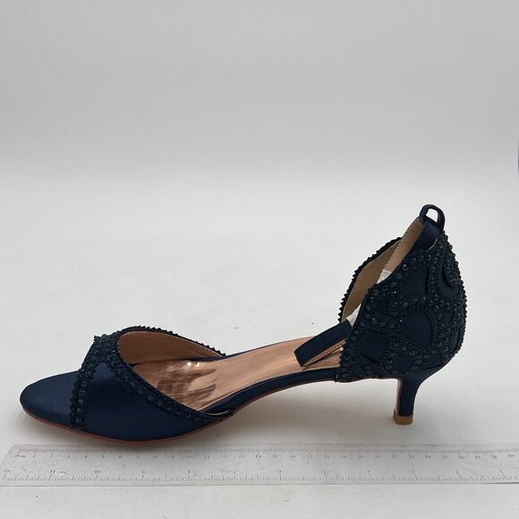 XYD Navy Chic Peep Toe D'Orsay Kitten Heel Rhinestone Studs Ankle Strap Sandals - Picture 2 of 8